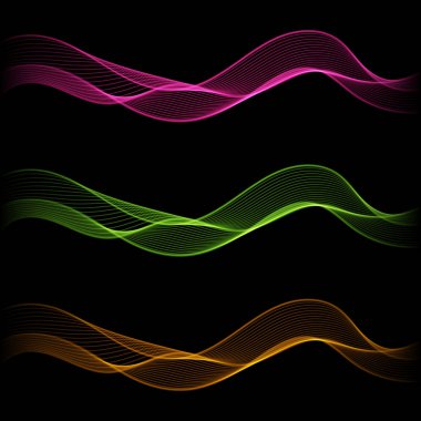 Parlayan soyut izole dalga çizgi kümesi için siyah arka plan