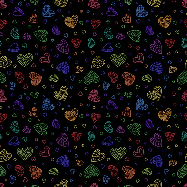 Hand Drawing Seamless Pattern of Colorful Hearts on Black Backgr — Stock Vector