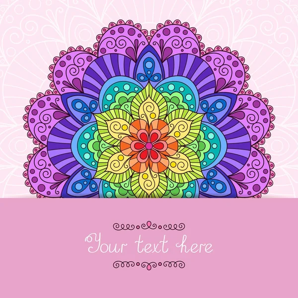 Pink Template with Bright Rainbow Mandala for your Postcard, Gre — Stock Vector