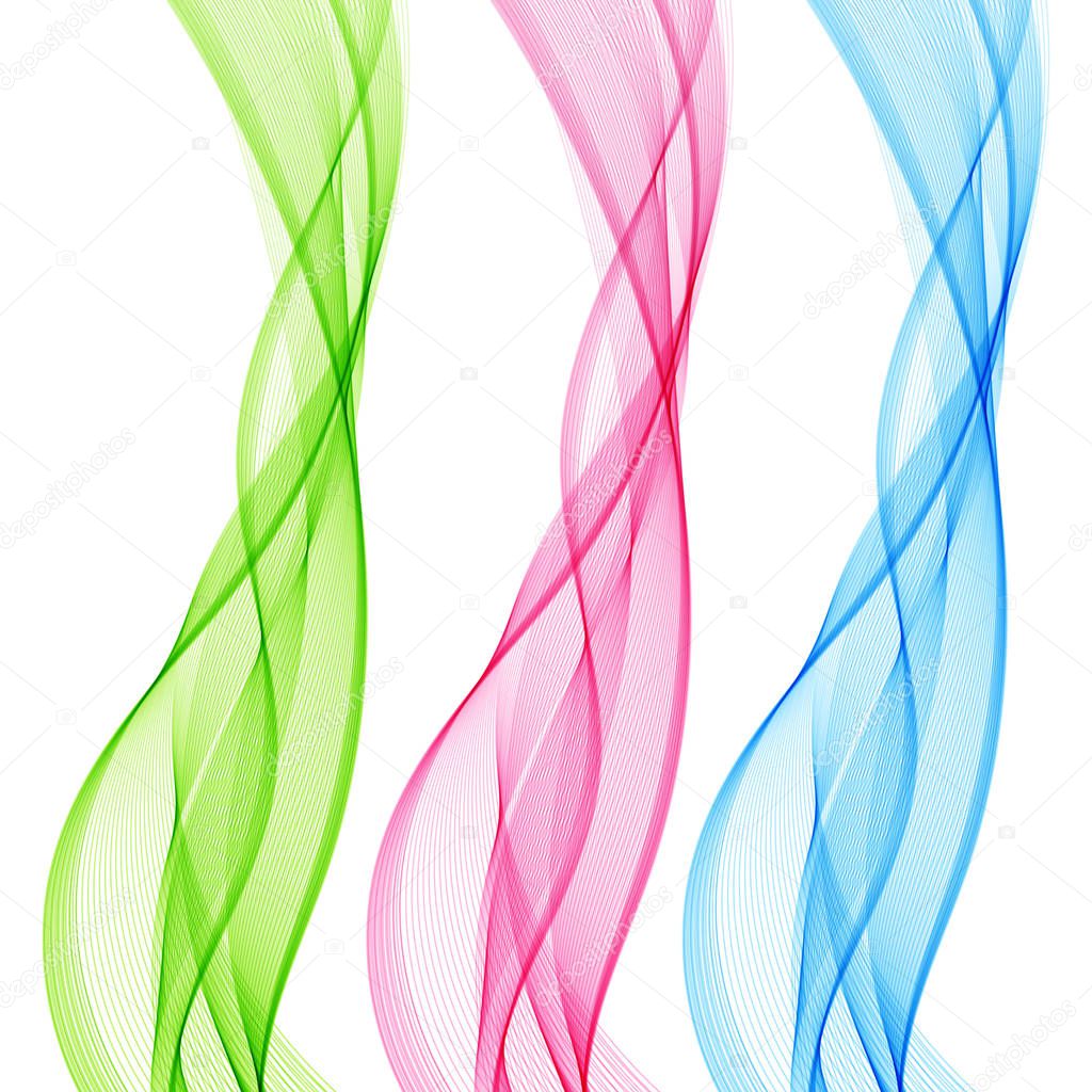 Set of Abstract Isolated Green, Pink, Blue Wave Lines for White 