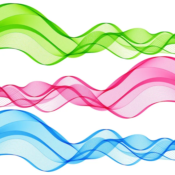 Set di linee d'onda astratte isolate verdi, rosa, blu per bianco — Vettoriale Stock
