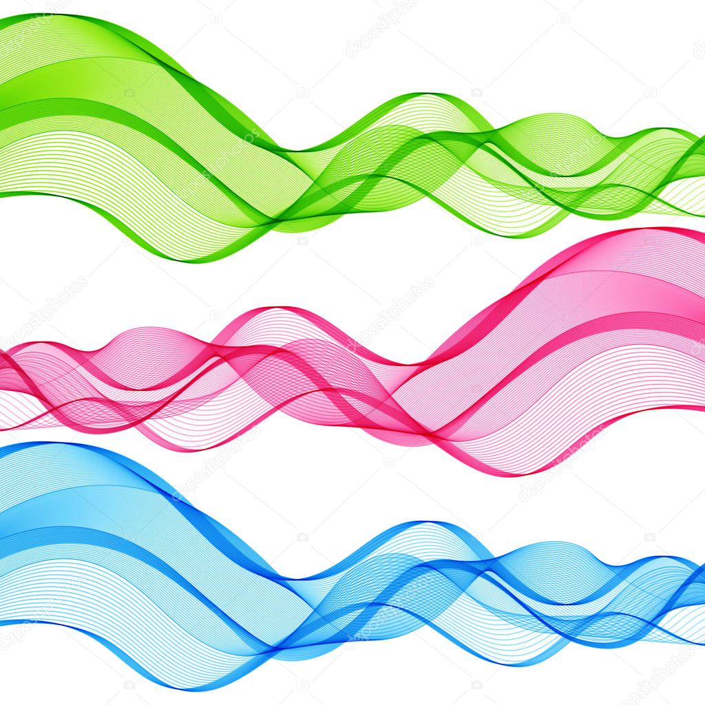 Set of Abstract Isolated Green, Pink, Blue Wave Lines for White 