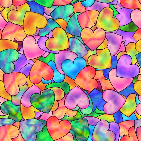 Helles nahtloses Muster bunter Herzen mit stilisiertem Hologra — Stockvektor