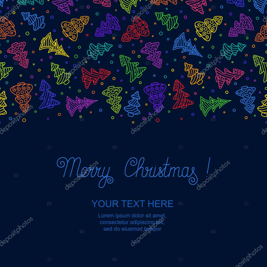 New Year S Template With Bright Colorful Hand Drawn Outline Christmas Trees On Dark Blue Backdrop Christmas Seamless Pattern Continuous To Right And To Left For Invitation Congratulation Wish Premium Vector In Adobe