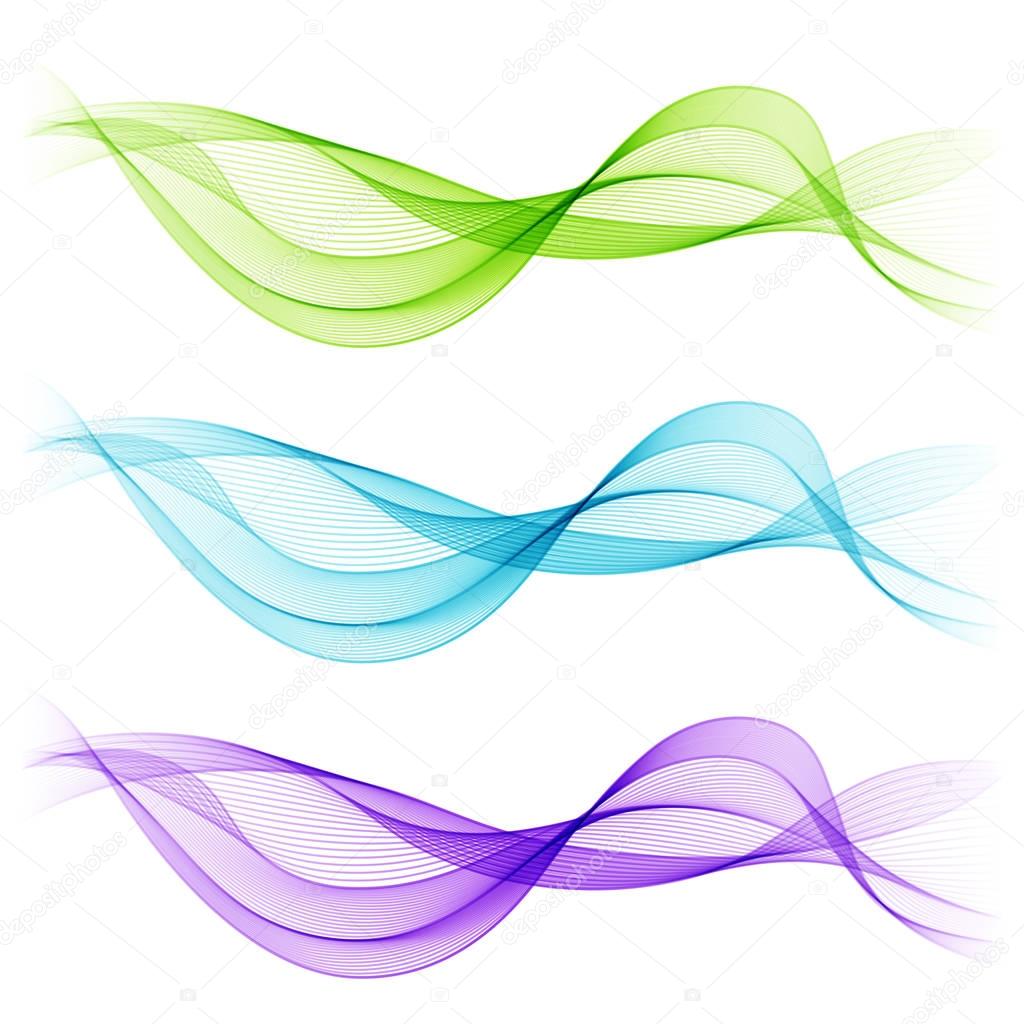 Set of Blue, Green, Violet Abstract Isolated Transparent Wave Lines for White Background.