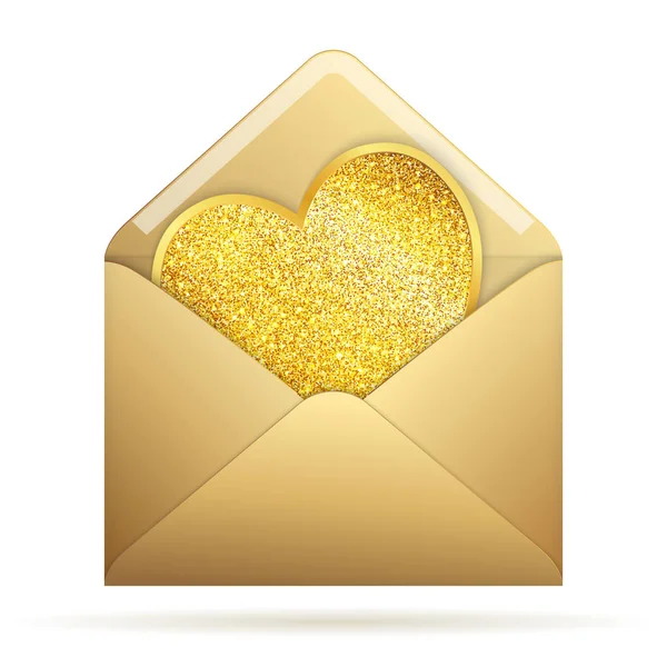 Envelope de papel estilizado com coração dourado brilhante . — Vetor de Stock