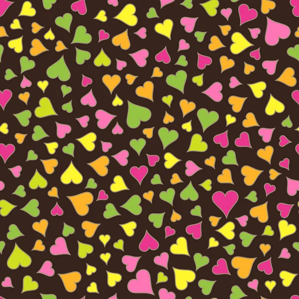 Abstracte naadloze patroon van helder gekleurde hartjes op donker bruin — Stockvector