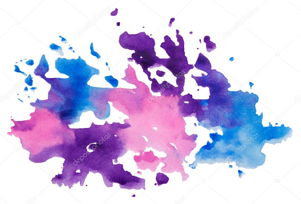 Abstract Watercolor Blue, Pink, Violet Blot Isolated on White Ba