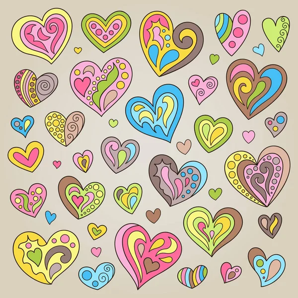Набор Handdrawn Cute Pink Green Yellow Brown Blue Hearts Набор — стоковый вектор