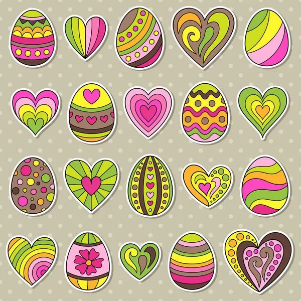 Set Stickers Pink Green Yellow Brown Easter Eggs Hearts Clipart — Stock Vector