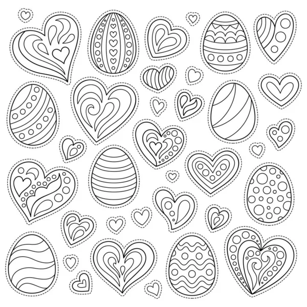 Набор Карикатурных Контуров Пасхальные Яйца Сердца Изолированные Белом Фоне Набор — стоковый вектор
