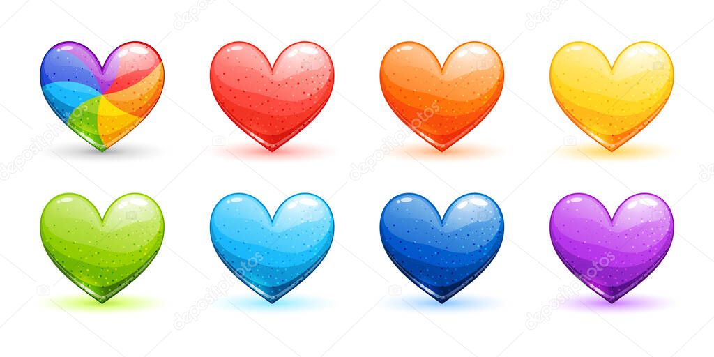Set of Bright Cute Cartoon Hearts of Different Colors. Kit of Universal Abstract Colorful Decorative Design Elements Glossy Hearts.