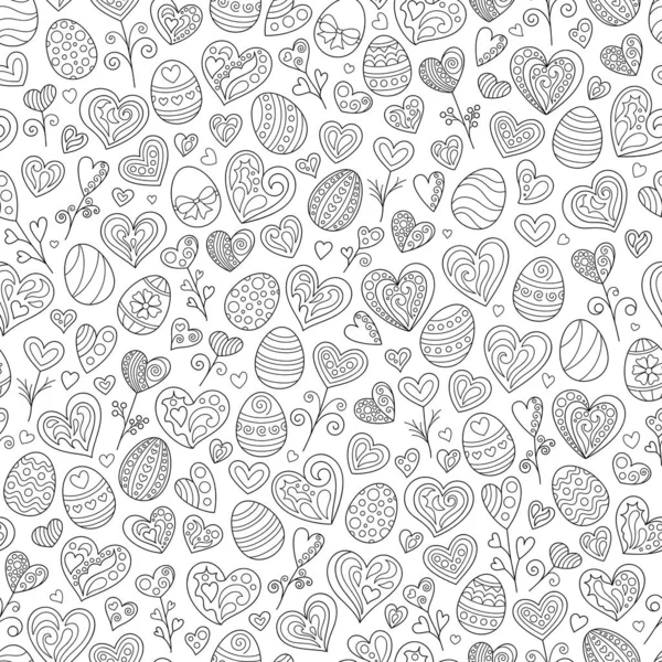 Cartoon Celebratory Seamless Pattern Black Outline Doodles Ostereier Und Herzen — Stockvektor