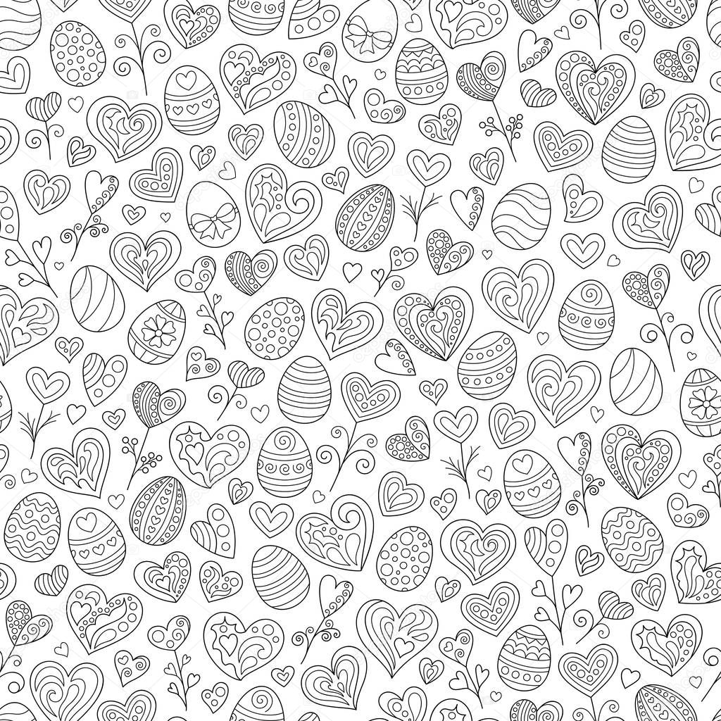 Cartoon Celebratory Seamless Pattern of Black Outline Doodles Easter Eggs and Hearts on White Background. Cute Continuous Monochrome Hand-drawn Background for Page of Coloring Book.