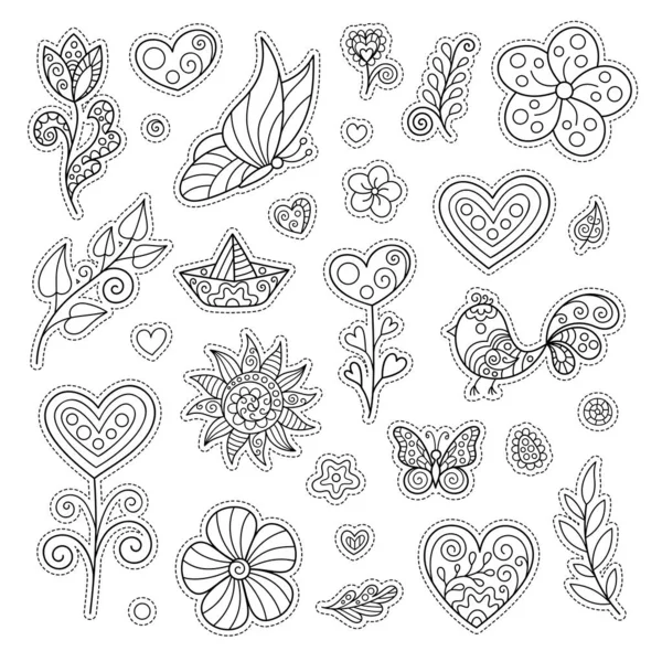 Sada Jarních Kreslených Prvků Květina Srdce Motýl Slunce Listy Papírová — Stockový vektor