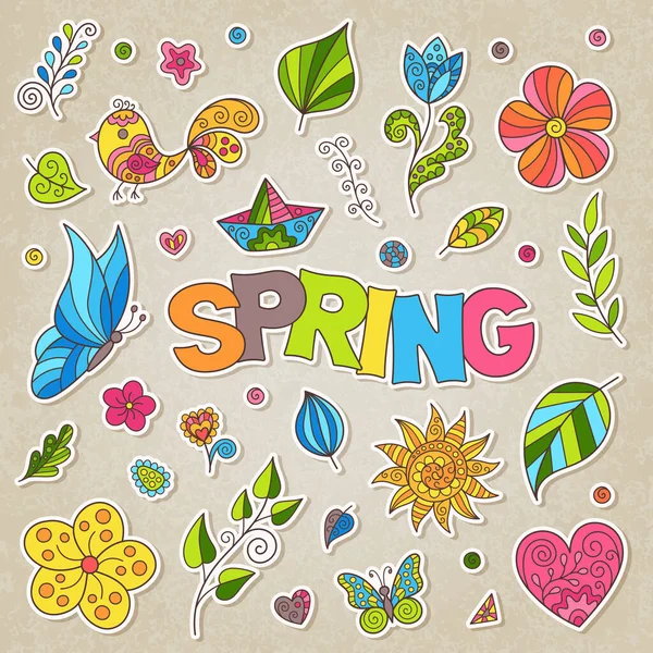 Cute Cartoon Bunte Frühlingsaufkleber Mit Handgezeichneten Symbolen Aufnäher Oder Abzeichen — Stockvektor