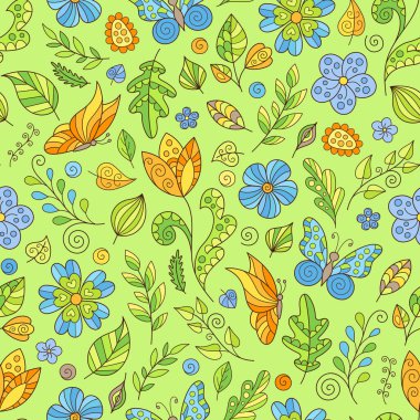 Cartoon Spring Seamless Pattern of Doodles Flowers and Butterflies on Light Green Backdrop. Cute Continuous Background from Hand-drawn Objects of Nature for Fabric, Textile, Pack or Wrapping Paper. clipart