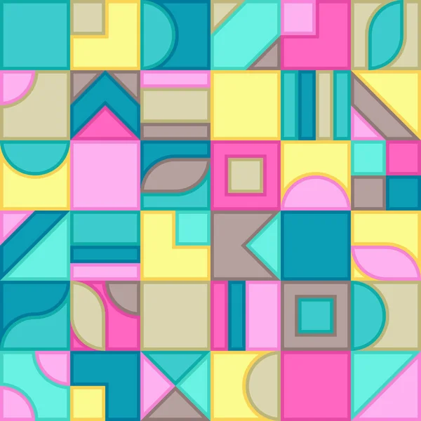 ユニバーサルアブストラクトパステルカラーのブラウン シアン ミント ピンク イエロー幾何学的要素のシームレスなパターン 対称二乗の連続単純背景 — ストックベクタ