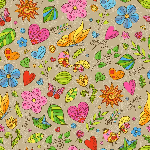 Cartoon Spring Seamless Pattern Doodles Blumen Schmetterlinge Und Blätter Auf — Stockvektor