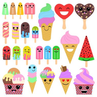 Sevimli çizgi dondurmalar Japonya kawaii tarzında beyaz arka plan üzerinde kümesi