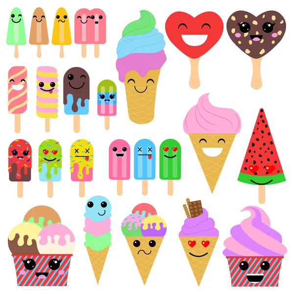 Sevimli çizgi dondurmalar Japonya kawaii tarzında beyaz arka plan üzerinde kümesi