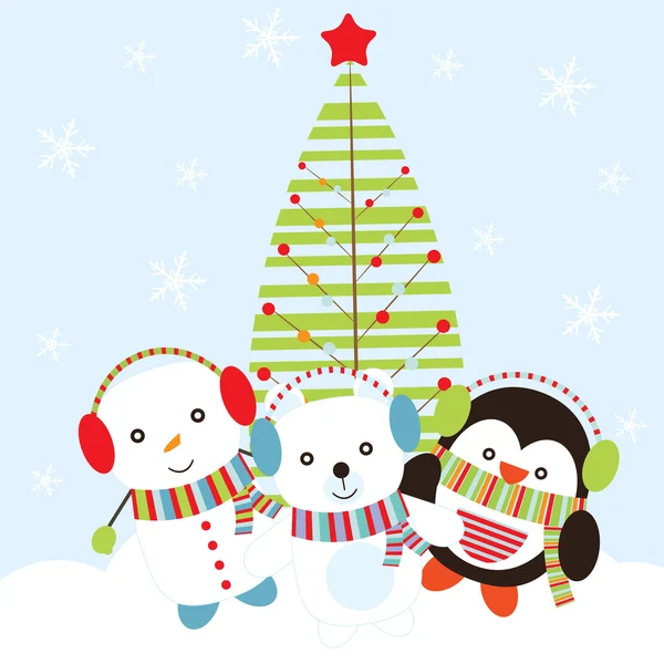 Рождественская иллюстрация с милым пингвином, снеговиком и белым медведем под елкой, подходящей для Рождественских открыток, обоев и открыток — стоковый вектор