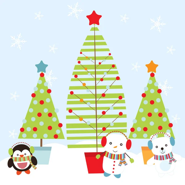 Рождественская иллюстрация с милым пингвином, снеговиком и белым медведем с елкой, подходящей для Рождественских открыток, обоев и открыток — стоковый вектор