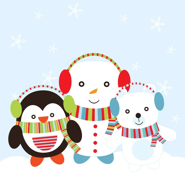 Рождественская иллюстрация с милым пингвином, снеговиком и белым медведем подходит для Рождественских открыток, обоев и открыток — стоковый вектор