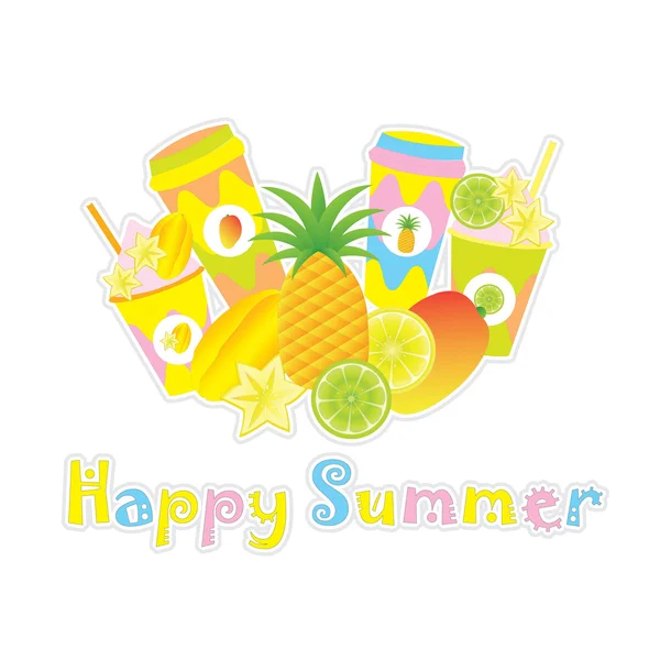 Feliz ilustración de verano con frutas tropicales y botellas de jugo adecuadas para pegatina, postal y papel pintado — Vector de stock