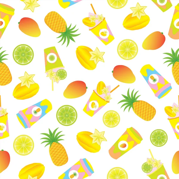 Seamless background of summer illustration with tropical fruits and juice bottles on white background suitable for wallpaper, postcard, and scrap paper — Stock Vector