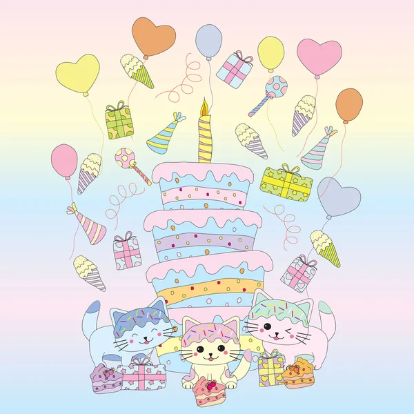 Ilustração de aniversário com gatinho bonito, bolos, presente e balões adequados para cartão postal de aniversário, convite e papel de parede —  Vetores de Stock