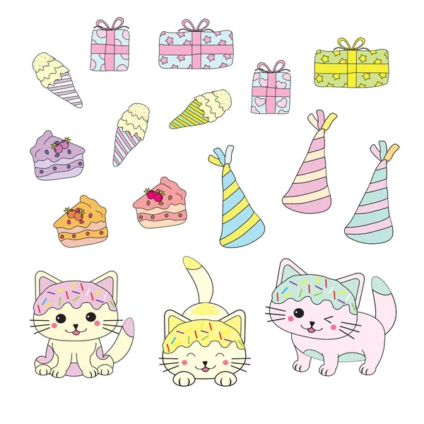 Ilustración de cumpleaños con gatitos lindos y adornos de cumpleaños adecuados para pegatina de cumpleaños para niños y clip art — Vector de stock