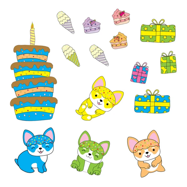 Ilustración de cumpleaños con lindo cachorro, cajas de regalo, pasteles y helados adecuados para set de pegatinas de cumpleaños y clip art — Vector de stock