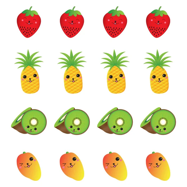 Nyári illusztráció aranyos eper, ananász, kiwi gyümölcs és mangó alkalmas gyermekek matrica, clip art, és a háttérkép — Stock Vector