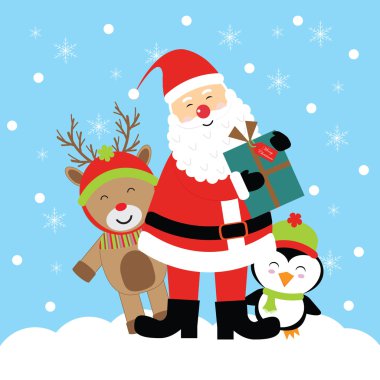 Christmas illüstrasyon sevimli geyik, Penguen ve Noel Baba Noel tebrik kartı, kartpostal ve duvar kağıdı için uygun
