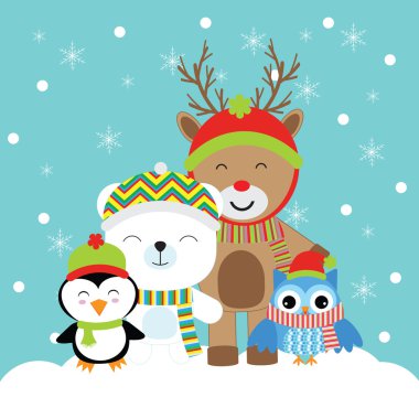 Christmas illüstrasyon sevimli geyik, Penguen, ayı ve baykuş Noel tebrik kartı, kartpostal ve duvar kağıdı için uygun