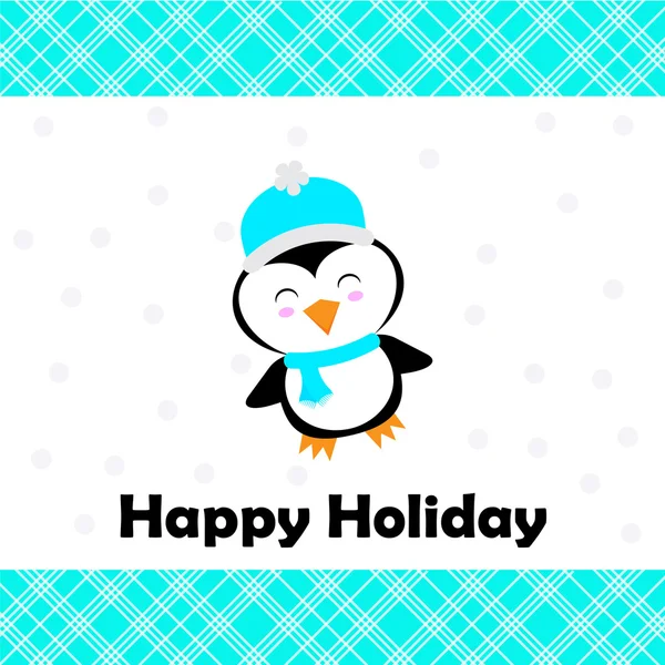 Christmas illustration with cute penguin and blue frame suitable for Xmas greeting card, postcard and holiday card — Stock Vector