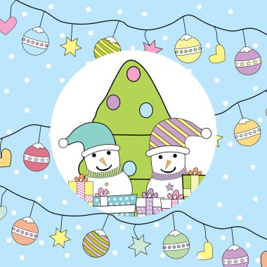Şirin Xmas hediye, süsler, kardan adam ve çocuklar tebrik kartı, kartpostal ve duvar kağıdı için uygun ağaç Christmas illüstrasyon