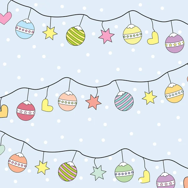 Weihnachten Illustration mit niedlichen Weihnachtsschmuck auf Schneeflocken Hintergrund geeignet für Kinder Grußkarte, Tapete und Postkarte — Stockvektor