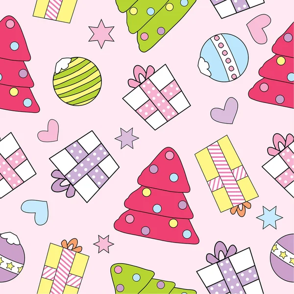Sömlös bakgrund av jul illustration med söt Xmas present, Xmas ornament och träd på rosa bakgrund passar tapeter, vykort, och skrot — Stock vektor