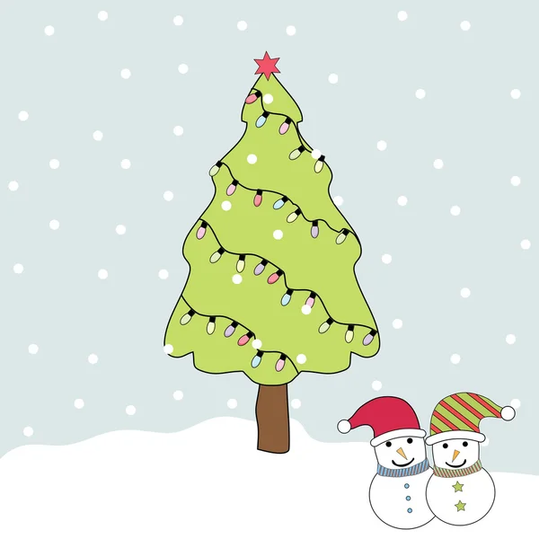 Weihnachtsillustration mit Schneemann und Weihnachtsbaum passend für Postkarte, Tapete und Grußkarte — Stockvektor