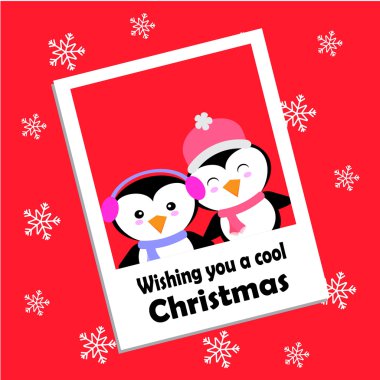 Christmas illüstrasyon kırmızı bir arka plan çocuk Noel kartı, duvar kağıdı ve kartpostal için uygun üzerinde sevimli penguenler ile