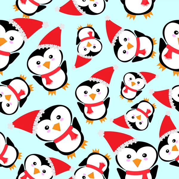 Fondo sin costuras de ilustración de Navidad con pingüino lindo con sombrero de Santa sobre fondo azul adecuado para papel pintado, postal y papel de desecho — Vector de stock