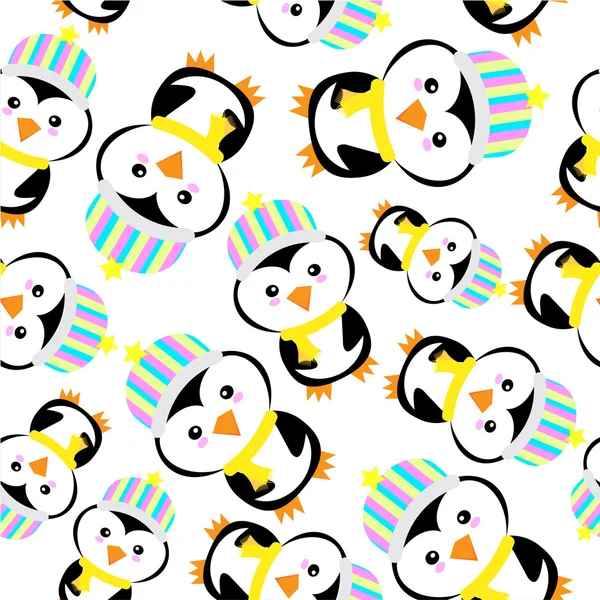 Fondo sin costuras de ilustración de Navidad con lindo pingüino con sombrero de arco iris sobre fondo blanco adecuado para papel pintado, postal y papel de desecho — Vector de stock