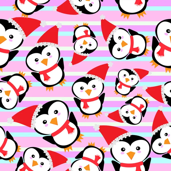 Fondo sin costuras de ilustración de Navidad con lindo pingüino con sombrero de Santa sobre fondo de raya rosa y azul adecuado para papel pintado, postal y papel de desecho — Vector de stock