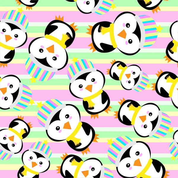 Fondo sin costuras de ilustración de Navidad con pingüino lindo con sombrero de arco iris en fondo de rayas de colores adecuado para papel pintado, postal y papel de desecho — Vector de stock