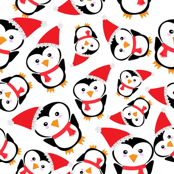 Nahtloser Hintergrund der Weihnachtsillustration mit niedlichem Pinguin mit Weihnachtsmütze auf weißem Hintergrund geeignet für Tapeten, Postkarten und Altpapier — Stockvektor