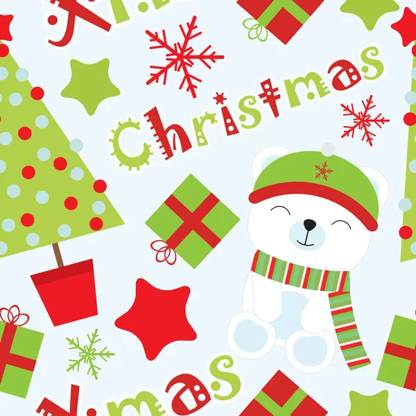 Nahtloser Hintergrund der Weihnachtsillustration mit niedlichem Bären und Weihnachtsschmuck auf blauem Hintergrund passend für Tapeten, Postkarten und Altpapier — Stockvektor
