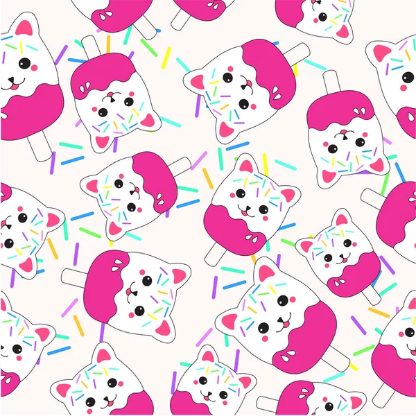Nahtloser Hintergrund der Sommer-Illustration mit niedlichen Katzen Eis auf roter Farbe geeignet für Tapete, Postkarte und Altpapier — Stockvektor