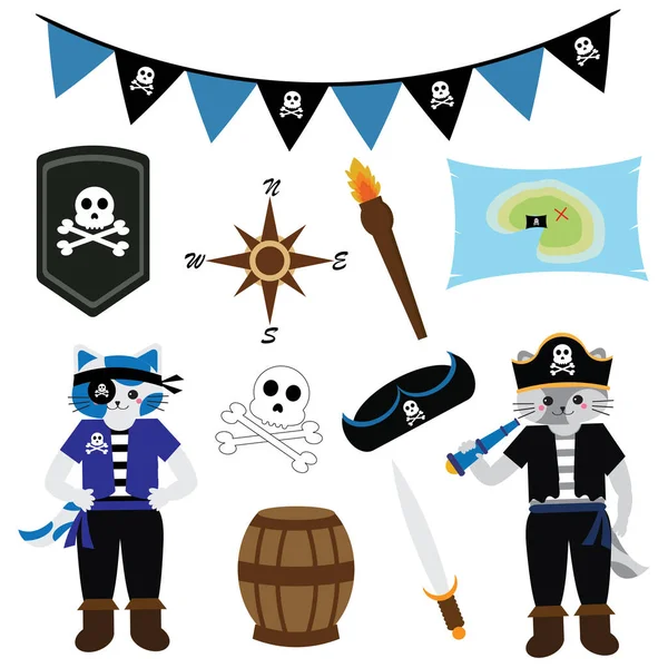 Birthday illustration with cat pirate theme and pirate ornaments on blue color suitable for children sticker set and clip art — Stock Vector